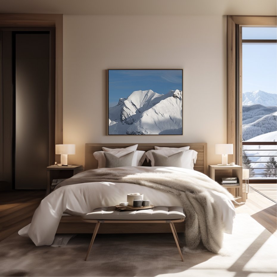 Modern bedroom interior showcasing a custom digital artwork of snowy mountains framed above a cosy bed.