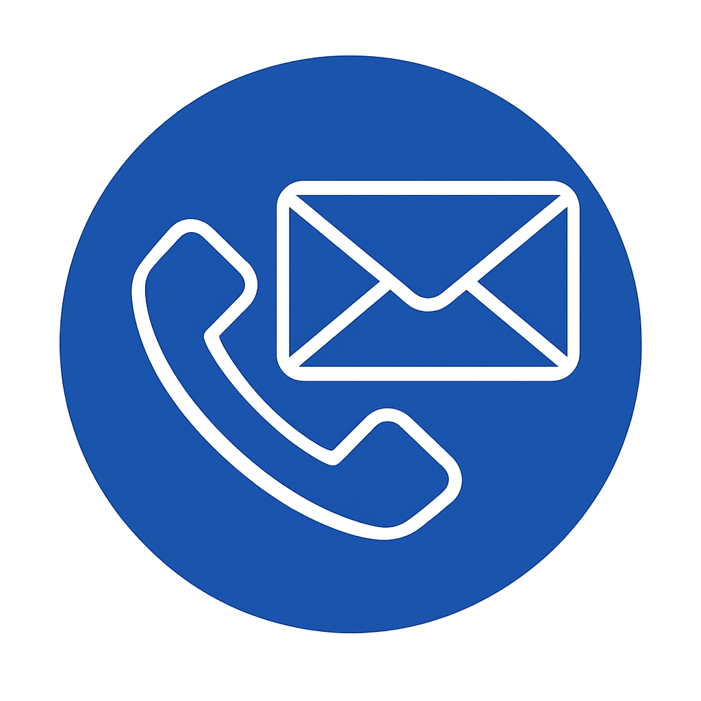 Blue circle icon with a black telephone receiver and an envelope, representing contact via phone or email.