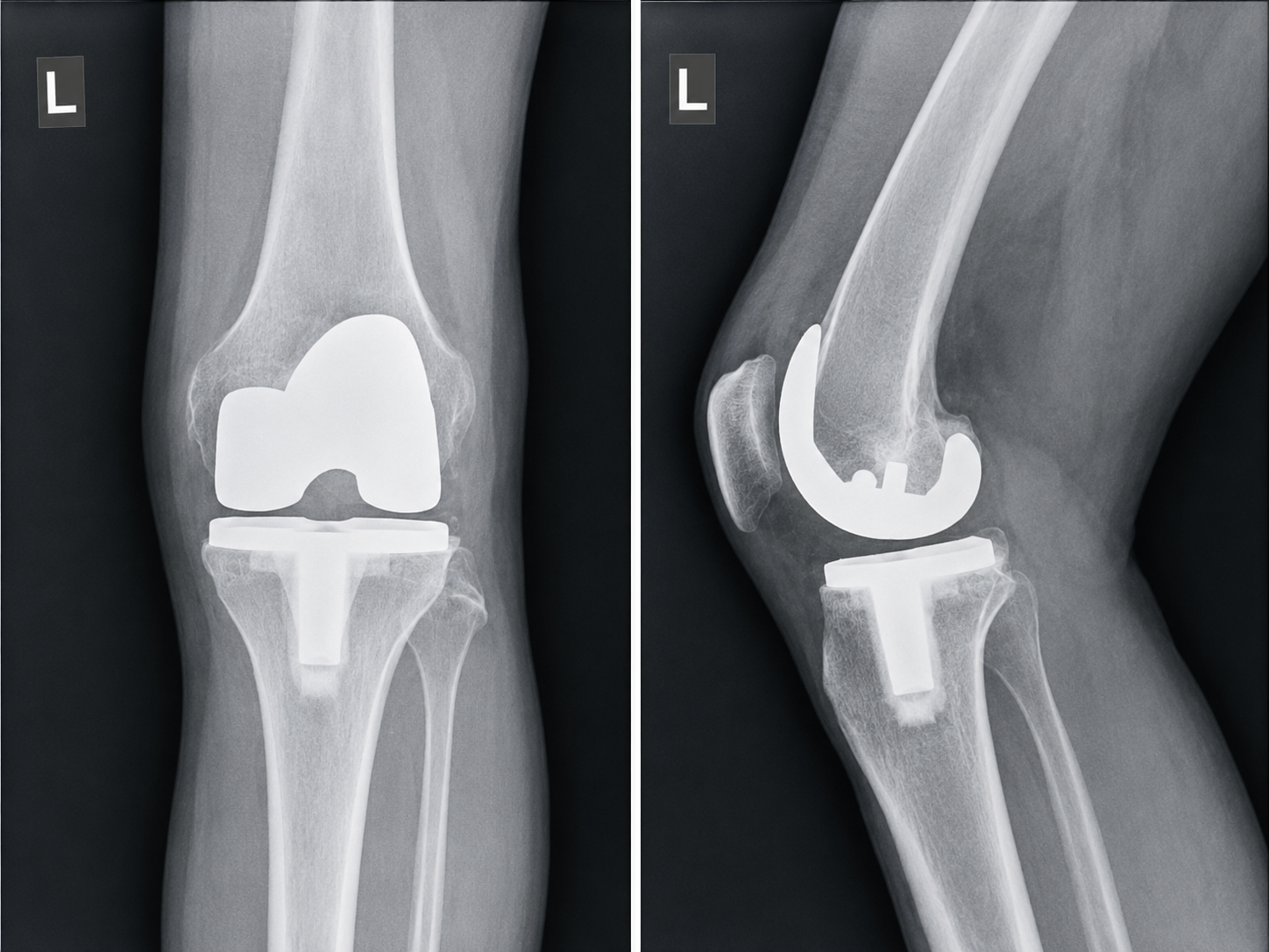 X-ray images of a knee with a total knee replacement, showing artificial joint components in place of the natural knee joint.