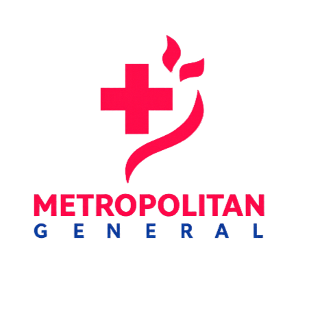 Logo for Metropolitan General Hospital featuring a red medical cross and a stylized flame, with the text 'Metropolitan General' below.