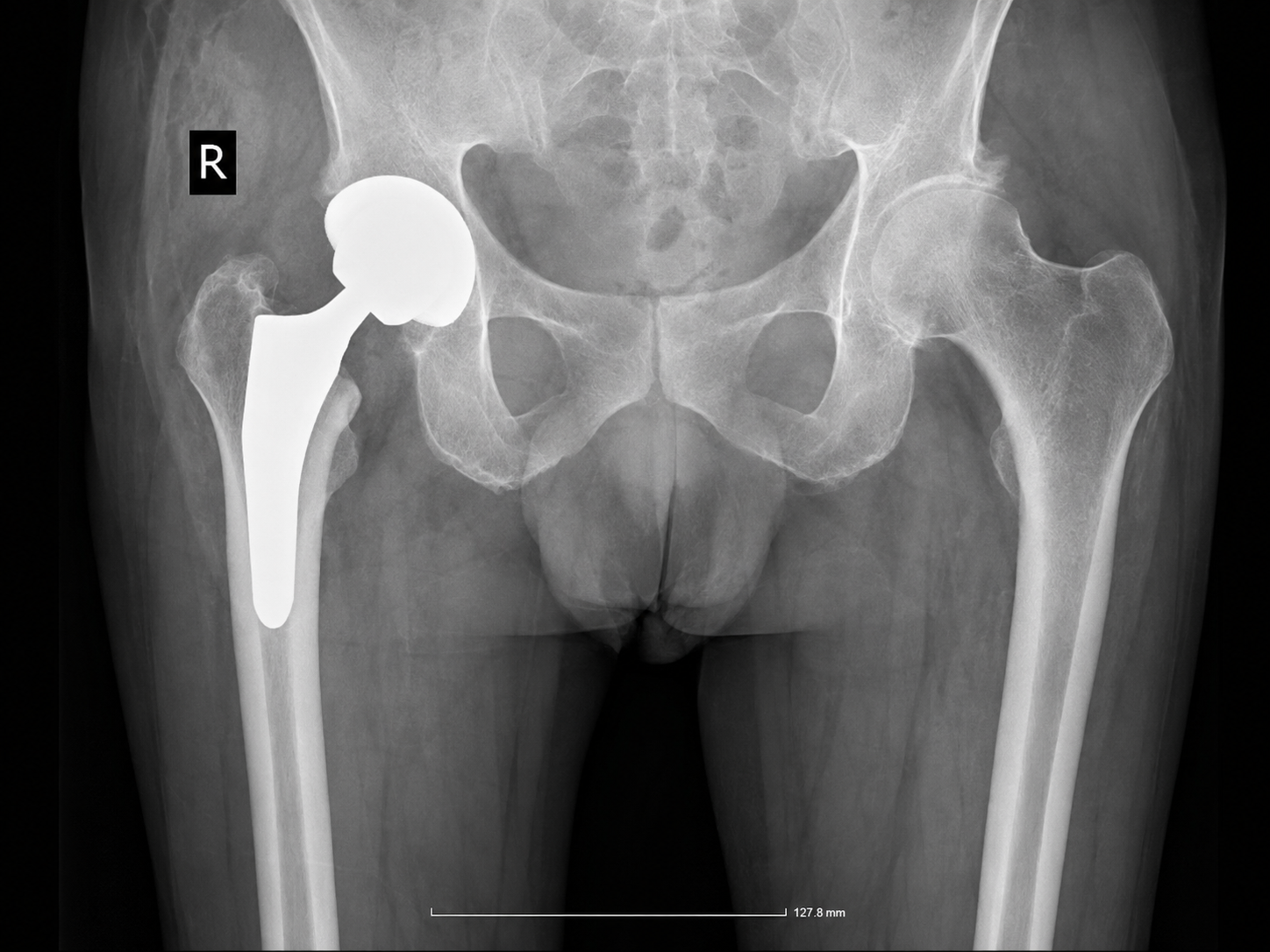 Pelvic X-ray showing a right hip with a prosthetic hip implant.