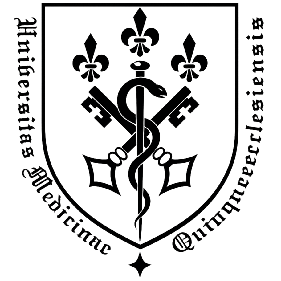 A shield emblem with three stylized fleur-de-lis symbols at the top, two crossed keys, and a caduceus symbol in the center. Latin text is around the border, including 'Universitas Bibl. et Cl. Med. Facultatis' and other words.