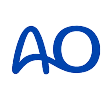 The text 'AO' in blue on a black background.