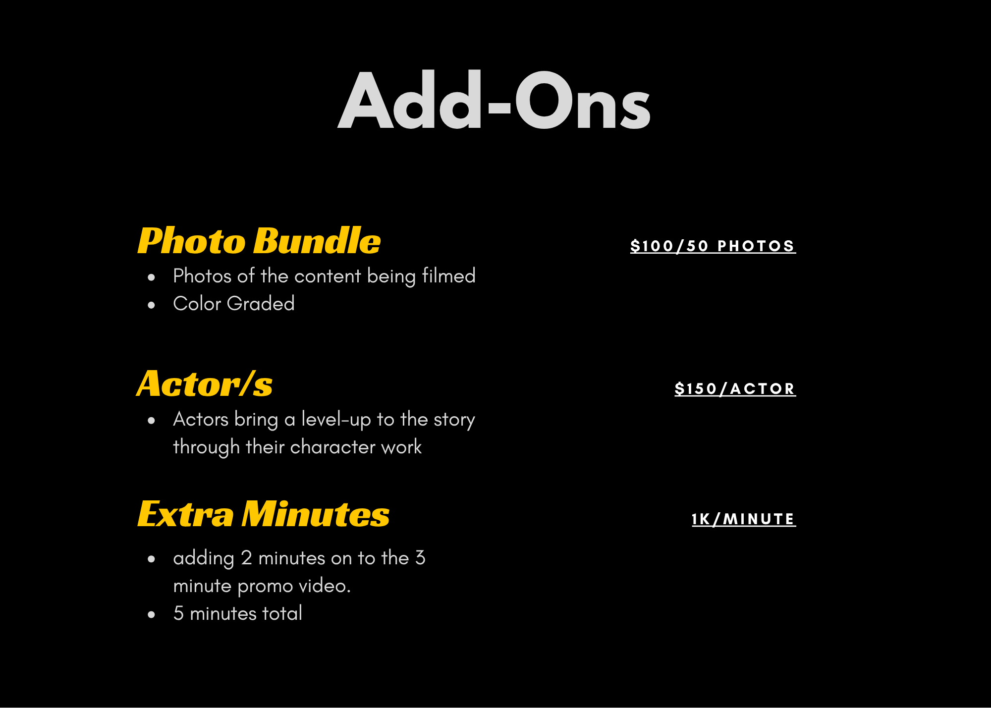 List of add-ons including photo bundle, actor, extra minutes, and their prices with brief descriptions.