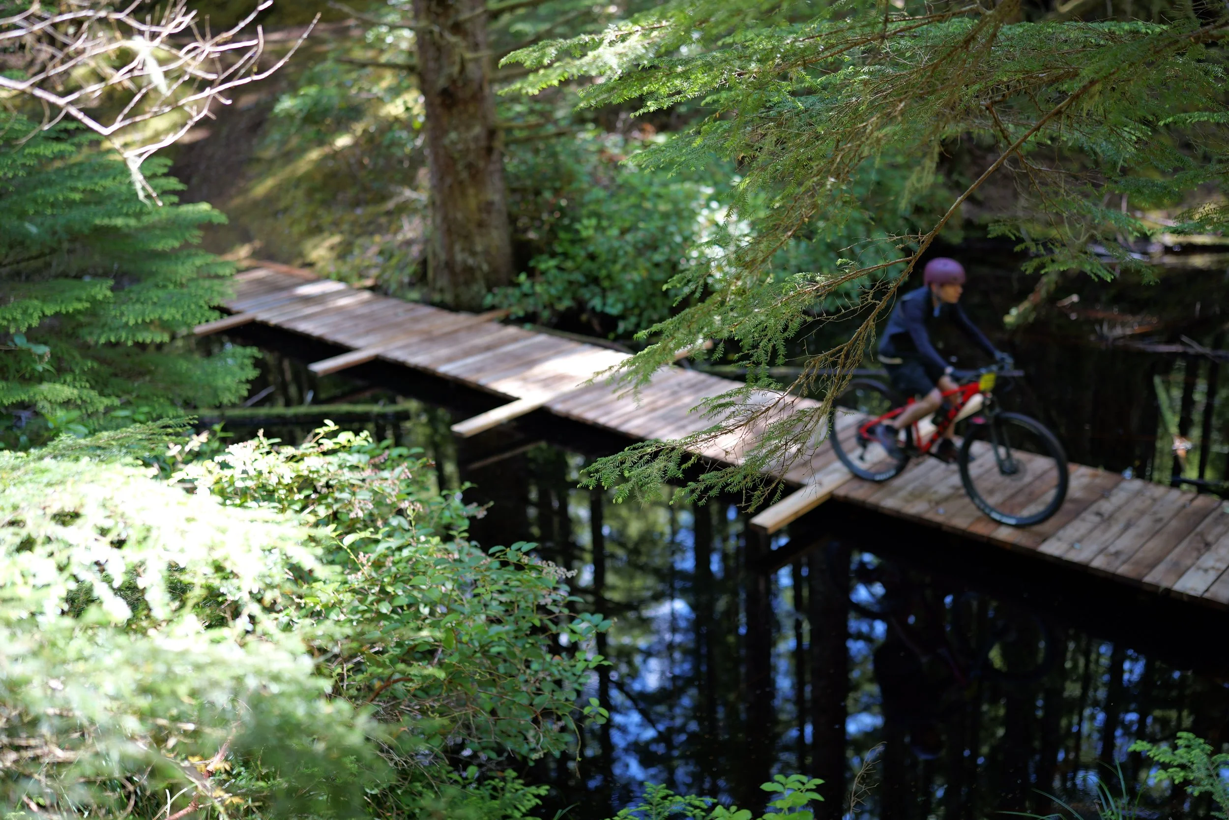 A young person riding a mountain bike across a wooden bridge in a forest setting, surrounded by lush green trees and foliage.