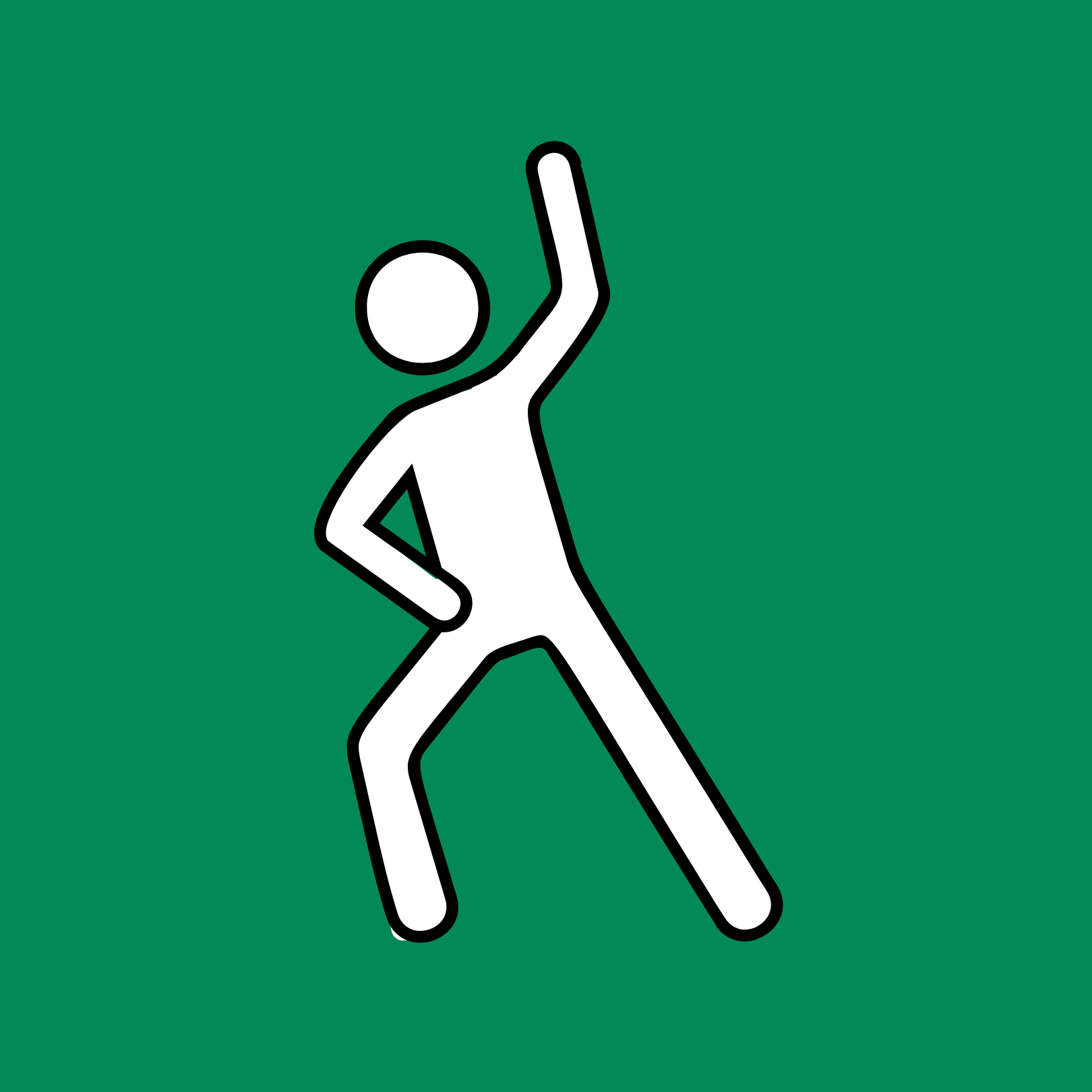 Simplified illustration of a person in a stretching pose with one arm raised, on a green background.