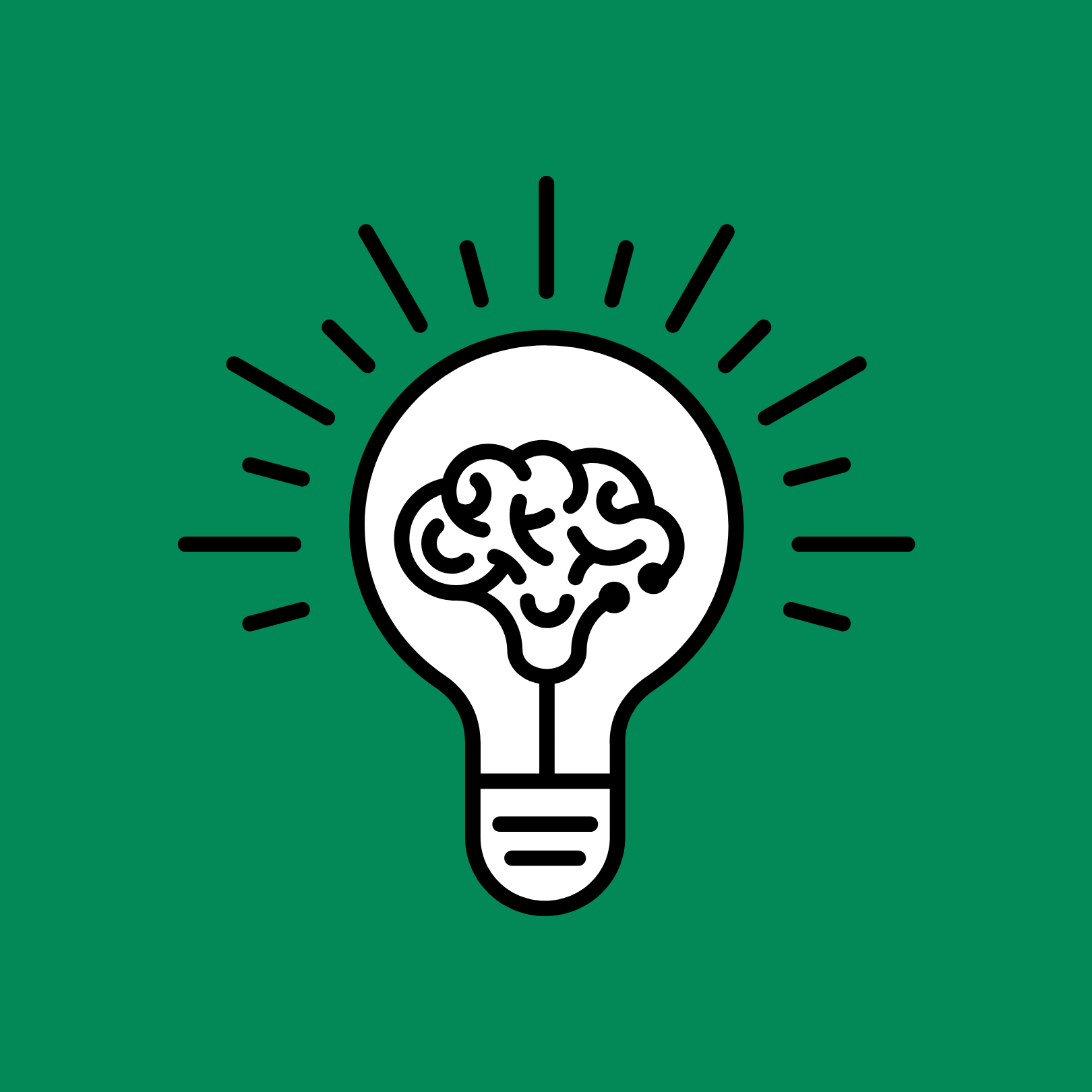 A graphic illustration of a light bulb with a brain inside it, surrounded by radiating lines on a green background.