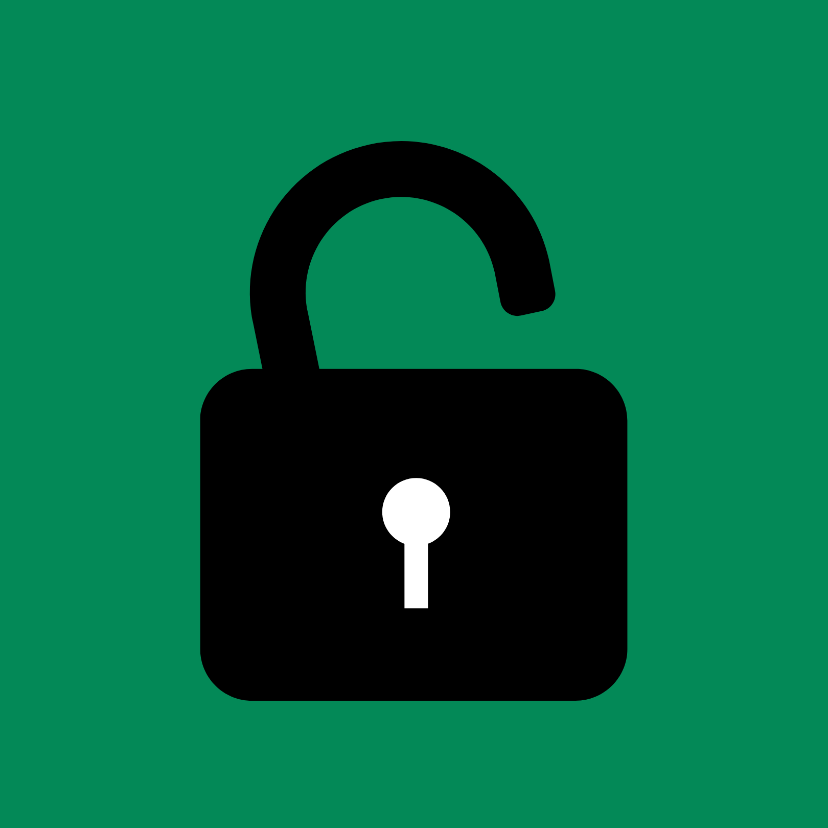 Icon of an unlocked padlock in black and white on a green background.