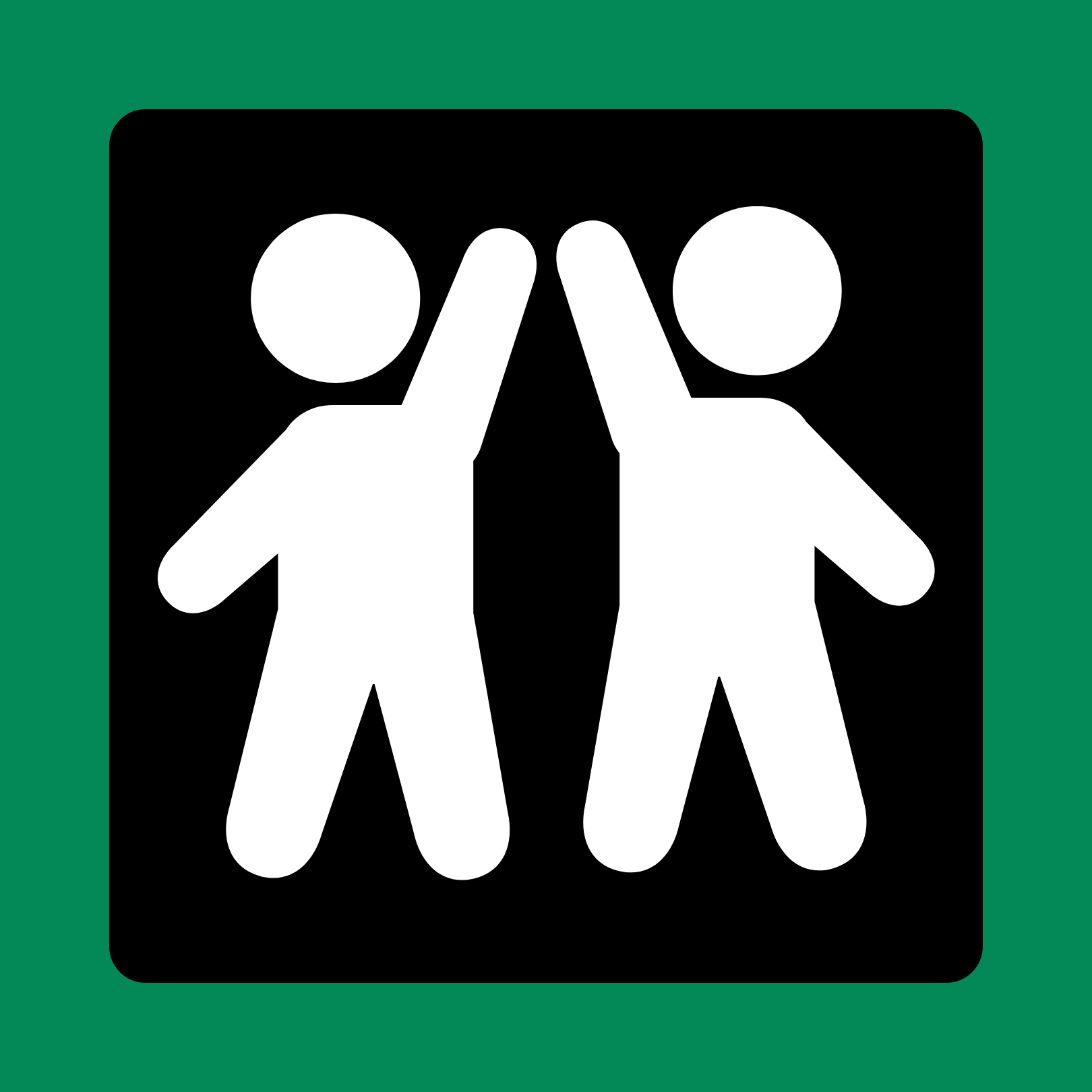 Sign with two white figures giving a high five on a black background, surrounded by a green border.