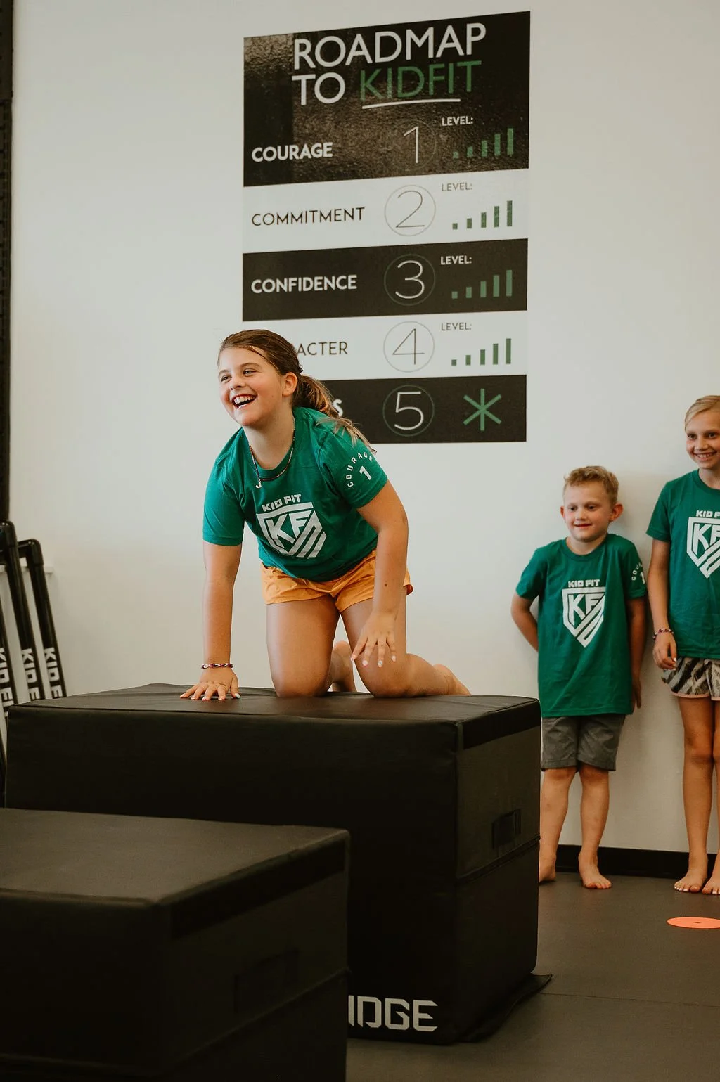 Children participating in a Kid Fit program, with a poster on the wall titled 'Roadmap to Kid Fit' showing levels, and three children in matching green shirts, one girl on a black platform smiling and engaging in activity.