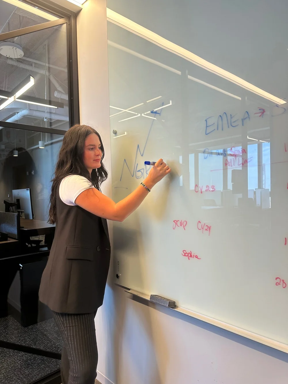 Mckenna Riggles mapping a growth plan on a glass whiteboard