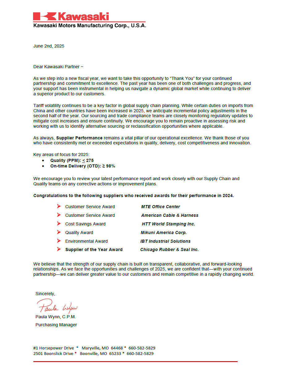 Letter from Kawasaki Motors Manufacturing Corp. dated June 2nd, 2025, addressed to Kawasaki partners. The letter expresses gratitude for support, discusses global supply chain planning, highlights key focus areas for 2025 including quality and on-time delivery, and congratulates suppliers for receiving awards in 2024. It is signed by Paula Wynn, Purchasing Manager, and provides contact information and addresses.