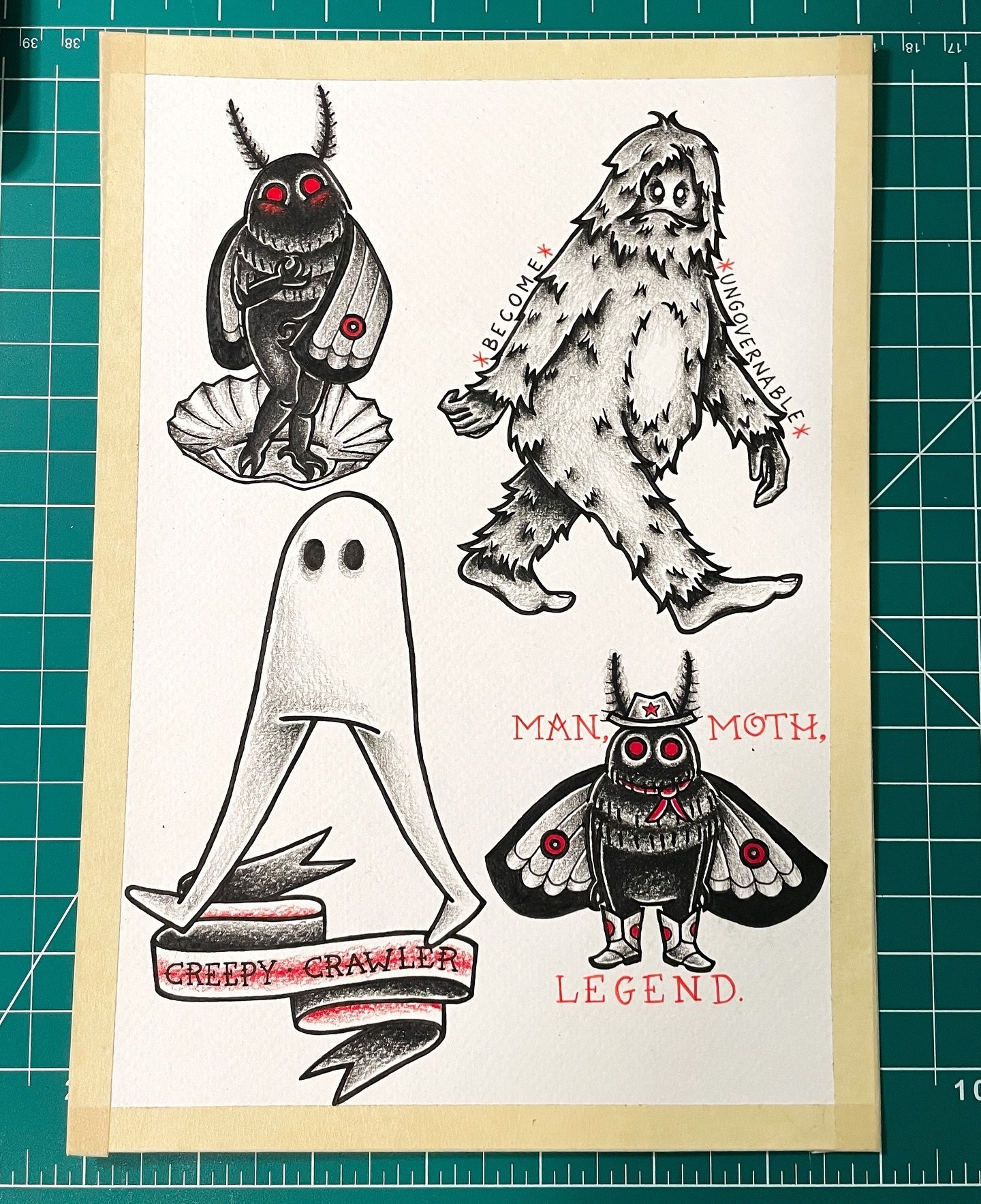 creepy cryptids, finally colored in! i’ve been thinking about cutting these out and rearranging them on a larger sheet to give it a little more breathing room; what do you all think? 💭
.
#tattoodesign #tattoos #flasdesign #tattooflash #tatto