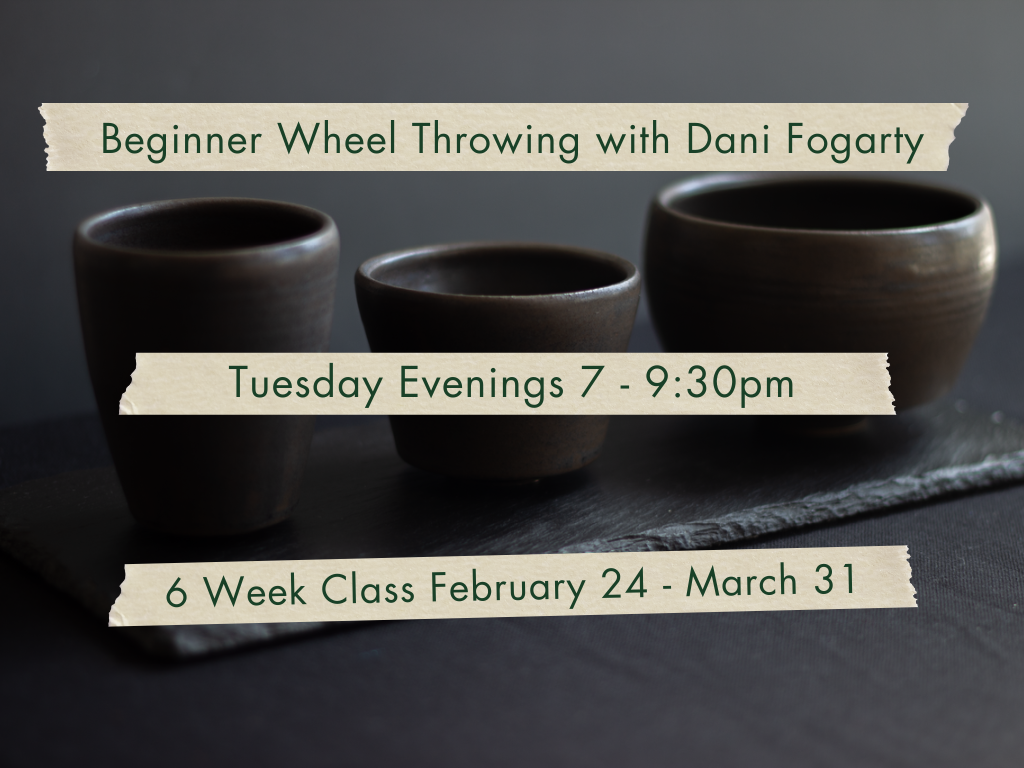 Tuesday Evenings 7-9:30pm Beginner Wheel Throwing with Dani Fogarty.  February 24 - March 31.