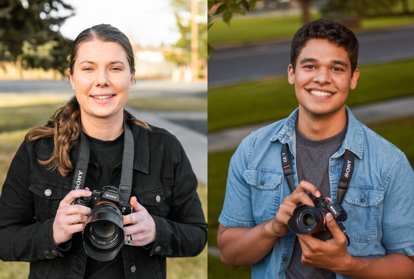 A young woman with brown hair in a ponytail, wearing a black jacket, holding a camera outdoors on the left. A young man with short dark hair, wearing a denim shirt and holding a camera outdoors on the right.