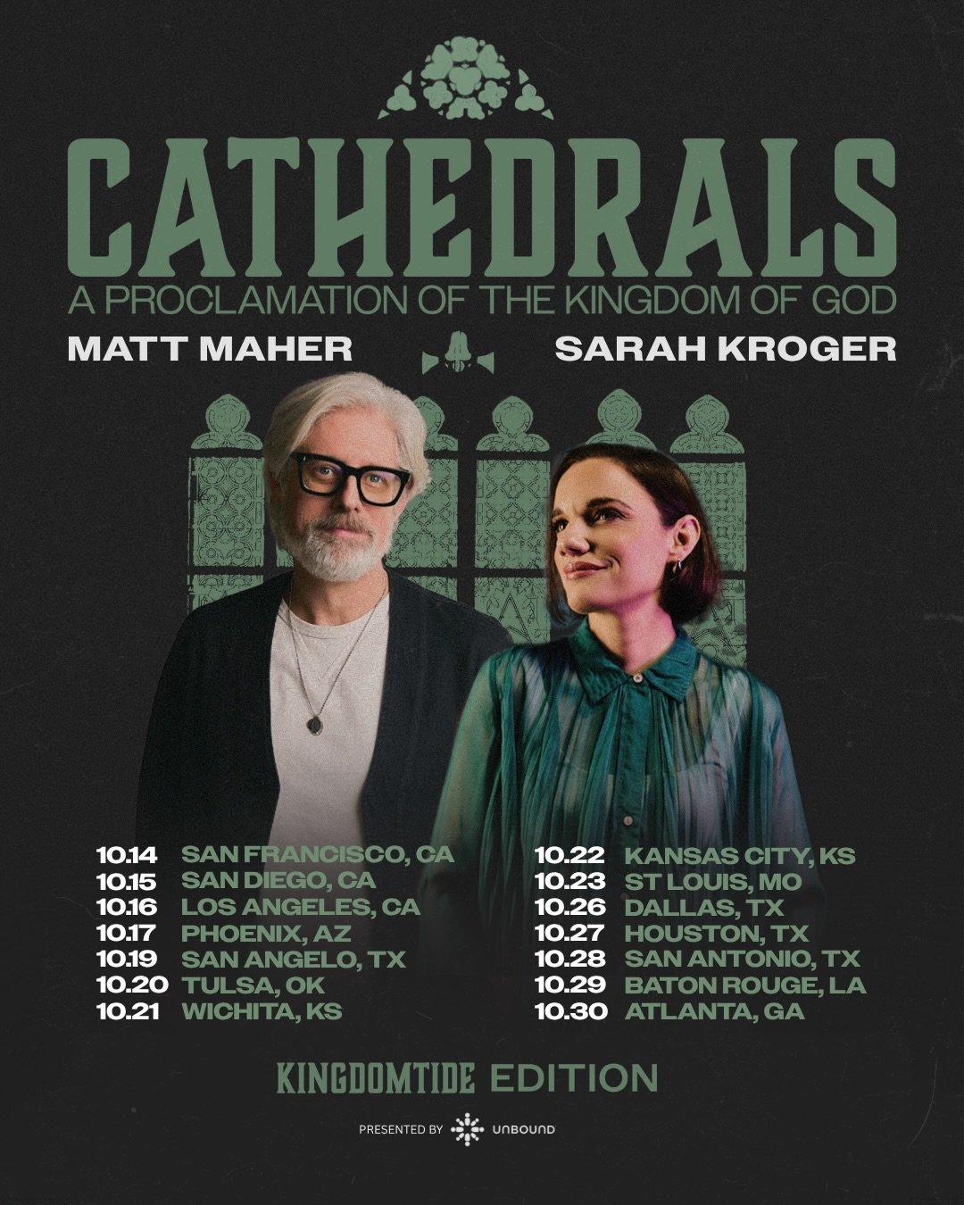 Officially ONE MONTH out from Cathedrals Tour - KingdomTide edition!
Which date will we be seeing you at?

THE TOUR:
Presented by @unboundorg
10.14 - San Francisco, CA
10.15 - San Diego, CA - LOW TICKETS
10.16 - Los Angeles, CA
10.17 - Phoenix, AZ
10