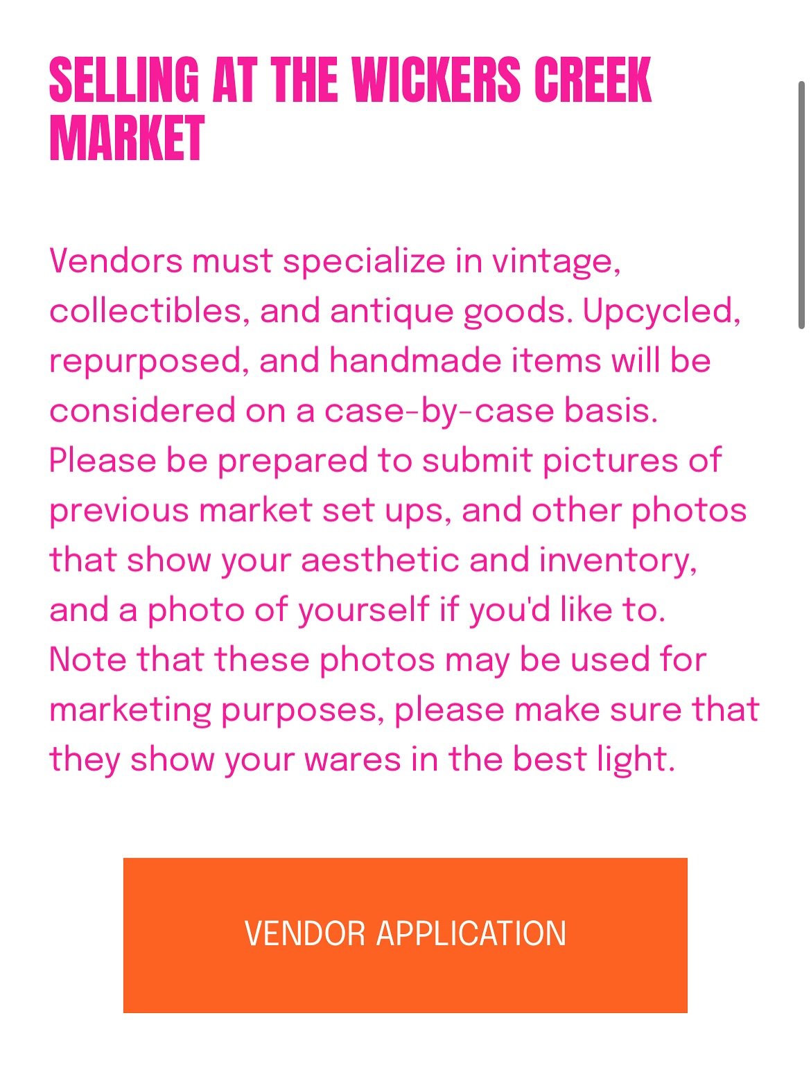 Applications are now open for our Fall Markets!
Want to join the Wickers Creek Market family? Head to our website to apply&mdash;link&rsquo;s in our bio.

Vendors must specialize in vintage and antique goods. Upcycled, repurposed, and handmade items 