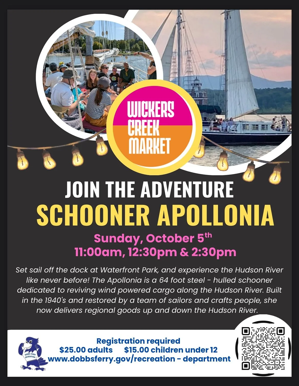 As if Wickers Creek Market weren&rsquo;t reason enough to head to the Dobbs Ferry Waterfront this Sunday...the historic @schooner_apollonia will be docked near us and offering three separate sails on the mighty Hudson. 

Built in the 1940s, this 64-f