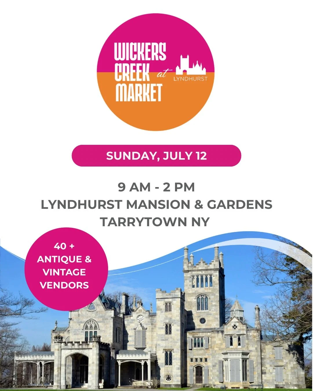 Wickers Creek Market has been invited into an exciting new partnership with the historic @lyndhurst_mansion 

On Sunday, July 12, we&rsquo;ll be bringing our brand of Antiques &amp; Vintage to their remarkable grounds.

We are seeking vendors to join