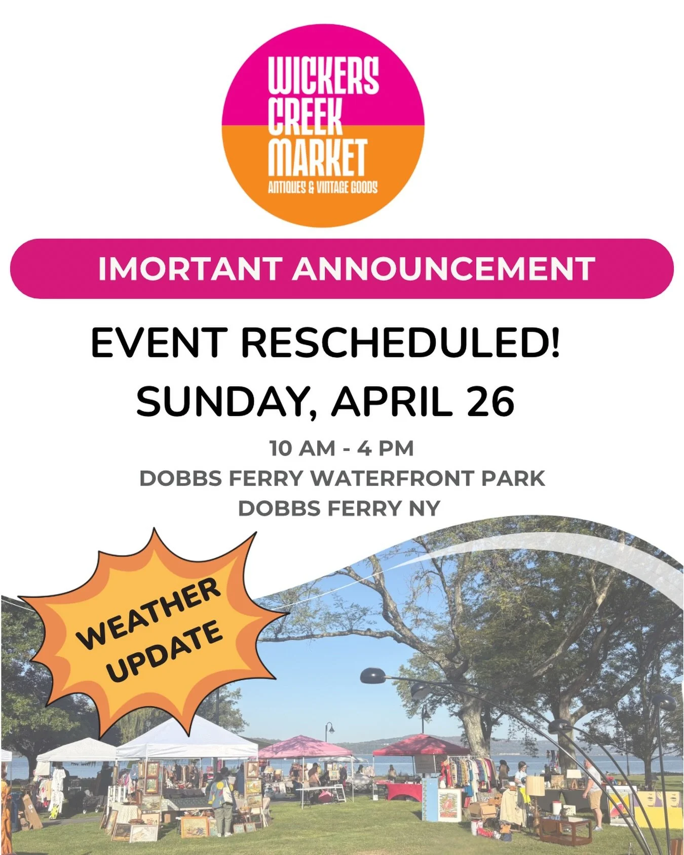 ⭐️NEW DATE ⭐️
SUNDAY, APRIL 26th
SAME PLACE 
Dobbs Ferry Waterfront Park
SAME TIME
10-4

Same thoughtfully curated mix of antiques, vintage furniture, fashion, art, and one-of-a-kind finds&mdash;all set along the Hudson River waterfront in Westcheste
