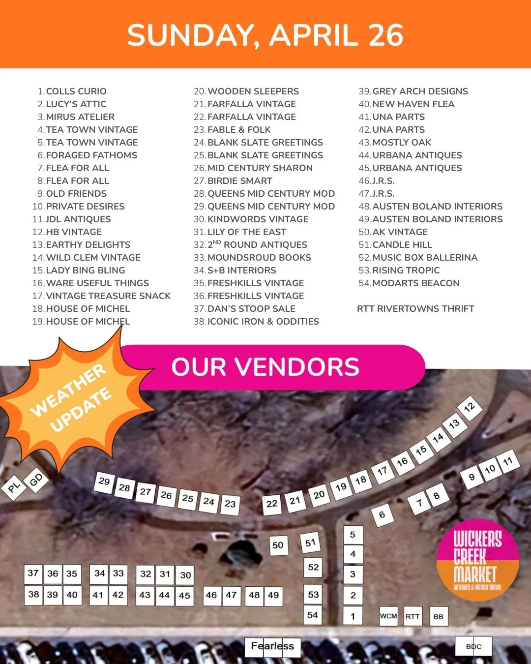 Wickers Creek Market is ON 

A thoughtfully curated mix of antiques, vintage furniture, fashion, art, and one-of-a-kind finds&mdash;set against the Hudson River waterfront in Westchester County.

Sunday, April 26 10 AM &ndash; 4 PM Dobbs Ferry Waterf