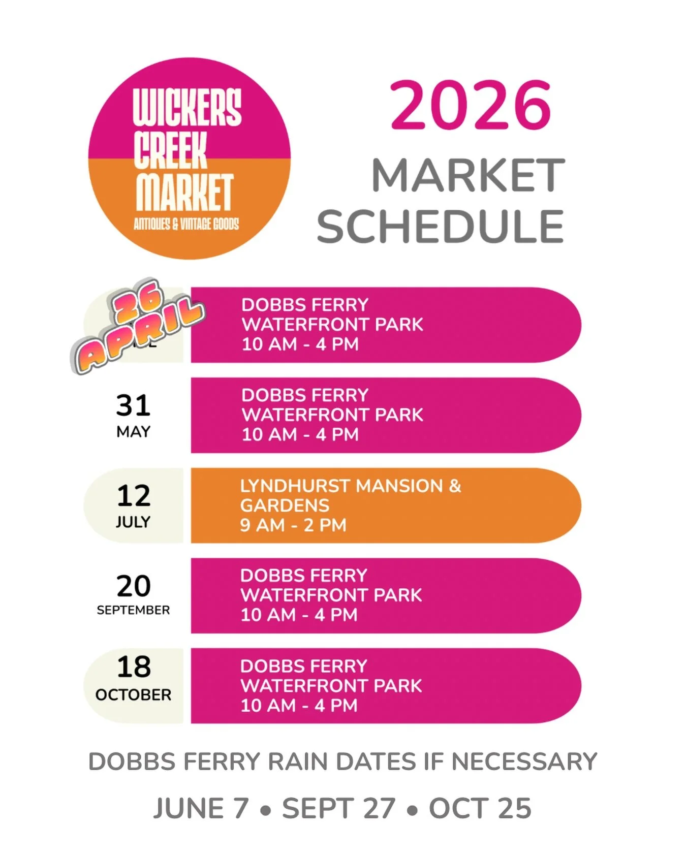 Fresh off an incredible day at Lyndhurst, we&rsquo;re bringing that same energy back to where it all began.

Wickers Creek Market
Sunday, September 20
Dobbs Ferry Waterfront Park
10 AM&ndash;4 PM

Join us for a day of antiques, vintage finds, collect