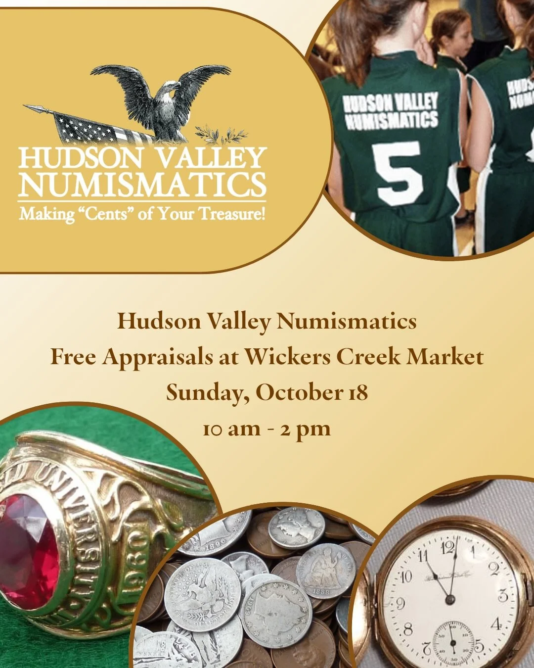 Wickers Creek Market &bull; Sunday 10/18
Dobbs Ferry Waterfront Park

Curious what your treasures are worth? 

Bring a coin, piece of jewelry, silver, or collectible to Wickers Creek Market for a complimentary expert appraisal with Hudson Valley Numi