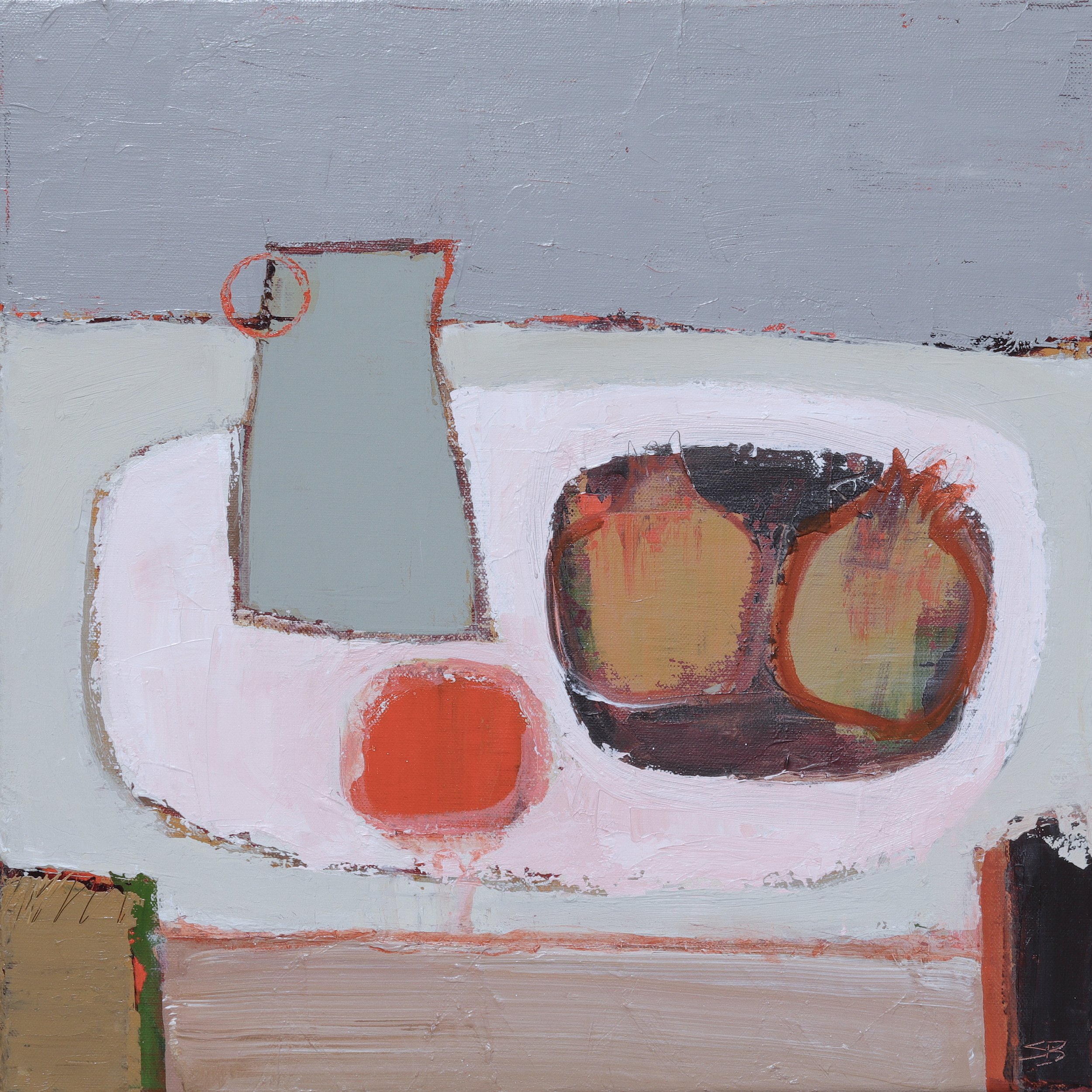 Pomegranates and Orange on a Grey Day - 40 x 40cm - Acrylic on Linen - Available from The Jerram Gallery