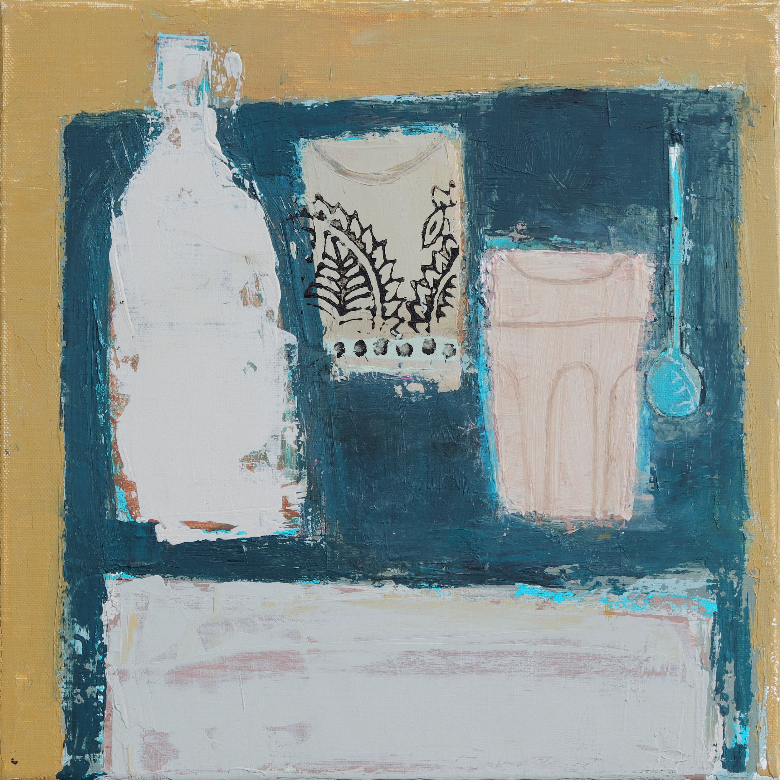 Bottle and Glasses - 30 x 30cm - mixed media on linen, available from Velarde Gallery