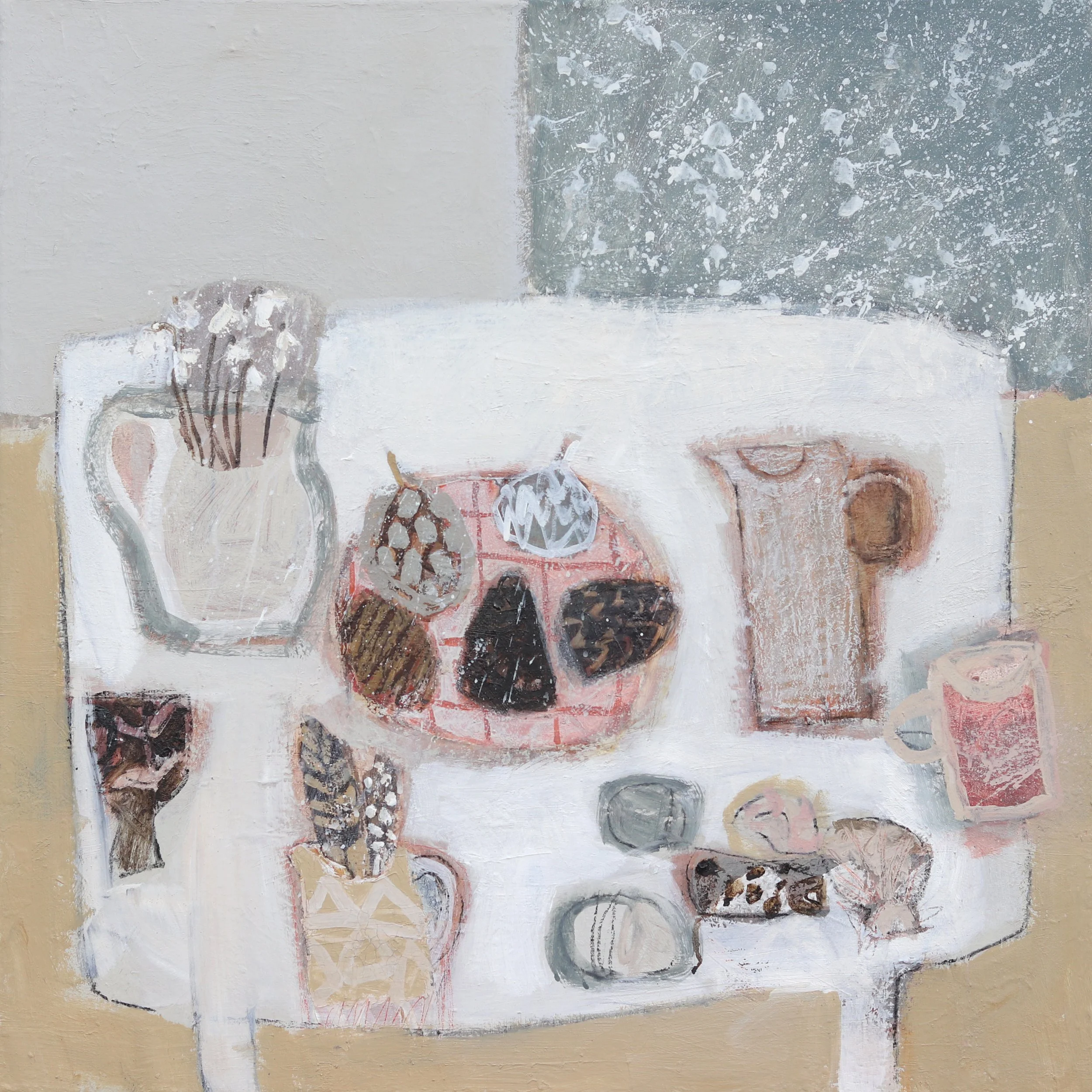 First Snowdrops - 70 x 70cm - Mixed media on canvas -  available from Thompson`s Gallery Alderburgh