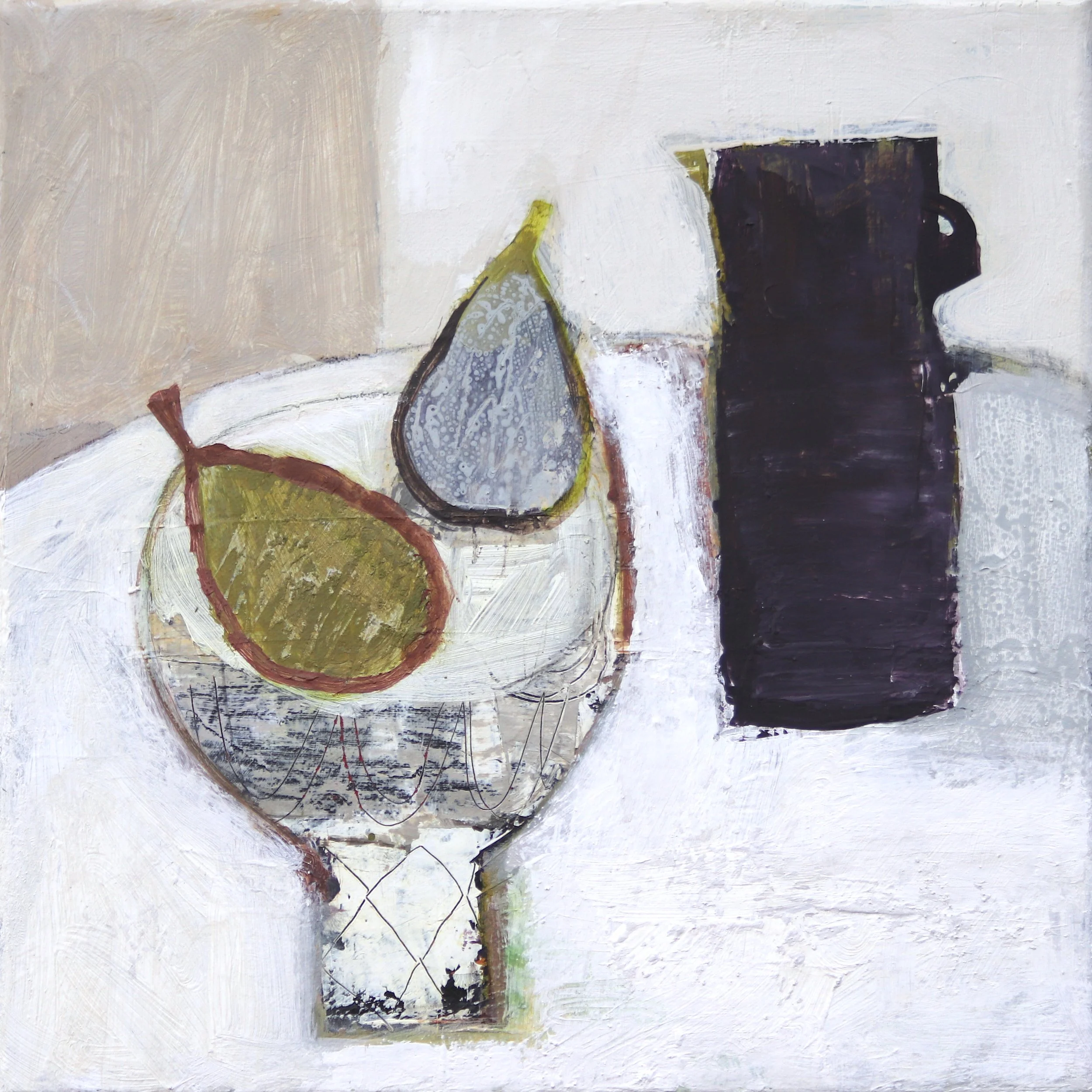 Black jug and Pears - 30 x 30cm - Acrylic on Linen - 🔴 the Rutland Gallery.