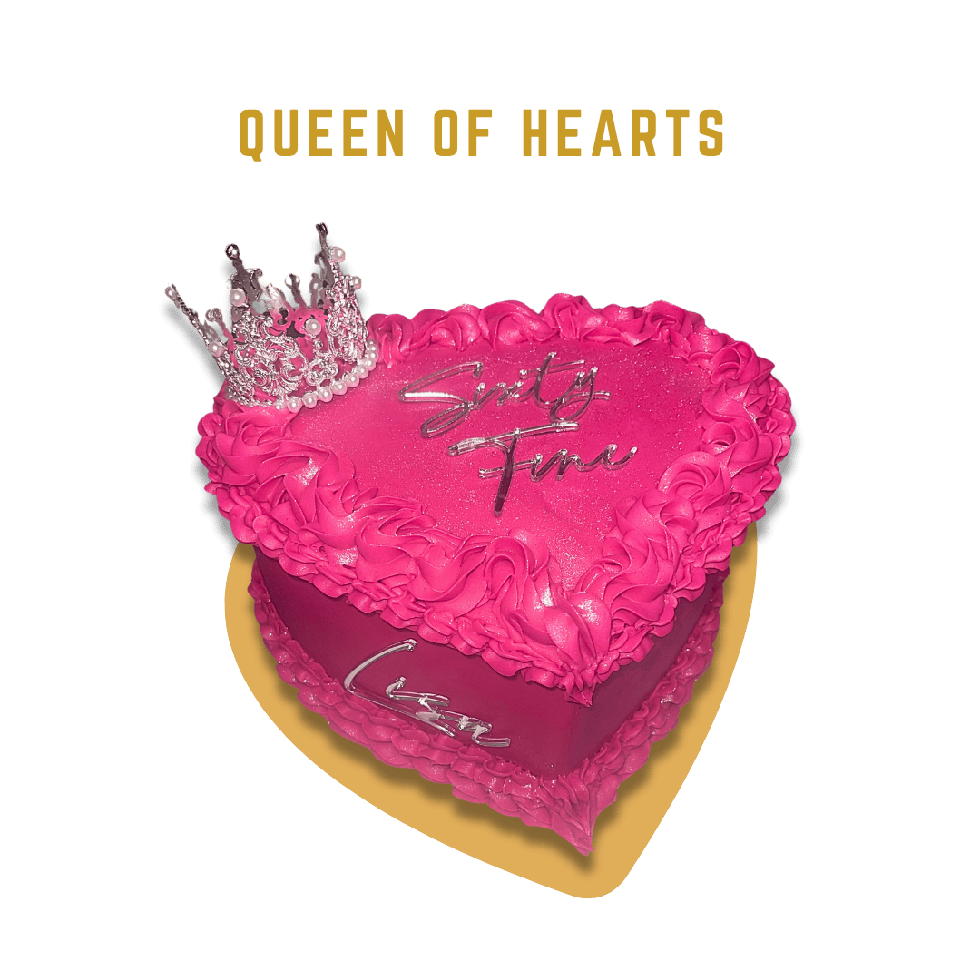 The Queen of Hearts Cake features a heart-shaped design with vibrant Hot Pink Buttercream frosting. Adorned with intricate buttercream detailing, it includes the words "Sixty Fine" on the top. Positioned at the top left corner is a Silver and Pearl T