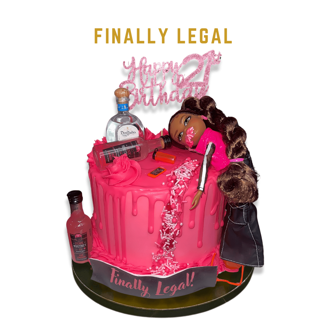 Pink birthday cake with syrup dripping decoration, topped with liquor bottles, a doll, and a glittery 'Happy 21st Birthday' sign, with a ‘Finally Legal!’ banner at the base.