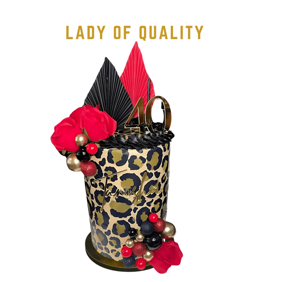 Lady of Quality Cake features a sophisticated and elegant Double Barrel design in red , black and gold tones, exuding a classy vibe. It shows leopard print design with red roses and gold cake topper. 