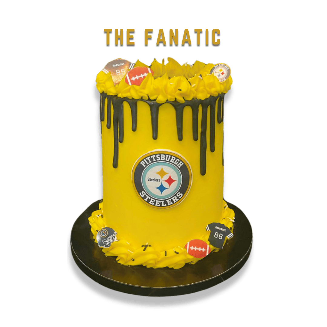 Yellow Pittsburgh Steelers-themed cake with black drip decoration, featuring Steelers logo and football-themed edible decorations.