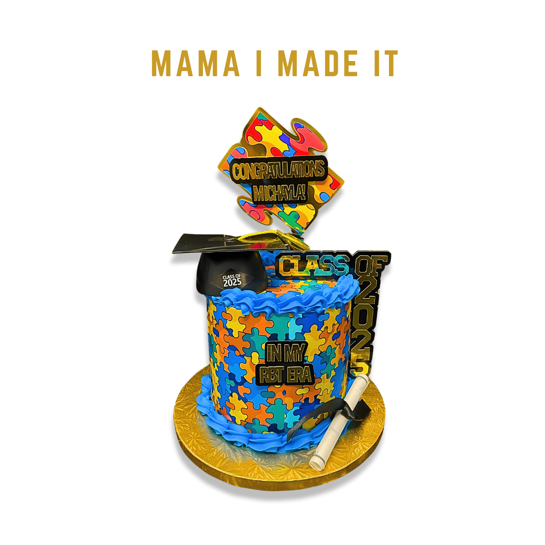 Graduation cake with a puzzle piece design, a black graduation cap, and decorations celebrating a class of 2025 in New Milford, with congratulatory messages and a diploma prop.