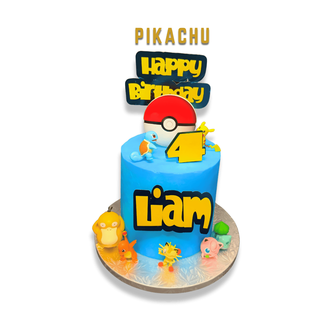 Pokemon-themed birthday cake with figurines of Pikachu, Charmander, Psyduck, Jigglypuff, Pikipek, and Caterpie, and decorations reading "Pikachu Happy Birthday Liam" and the number 4.