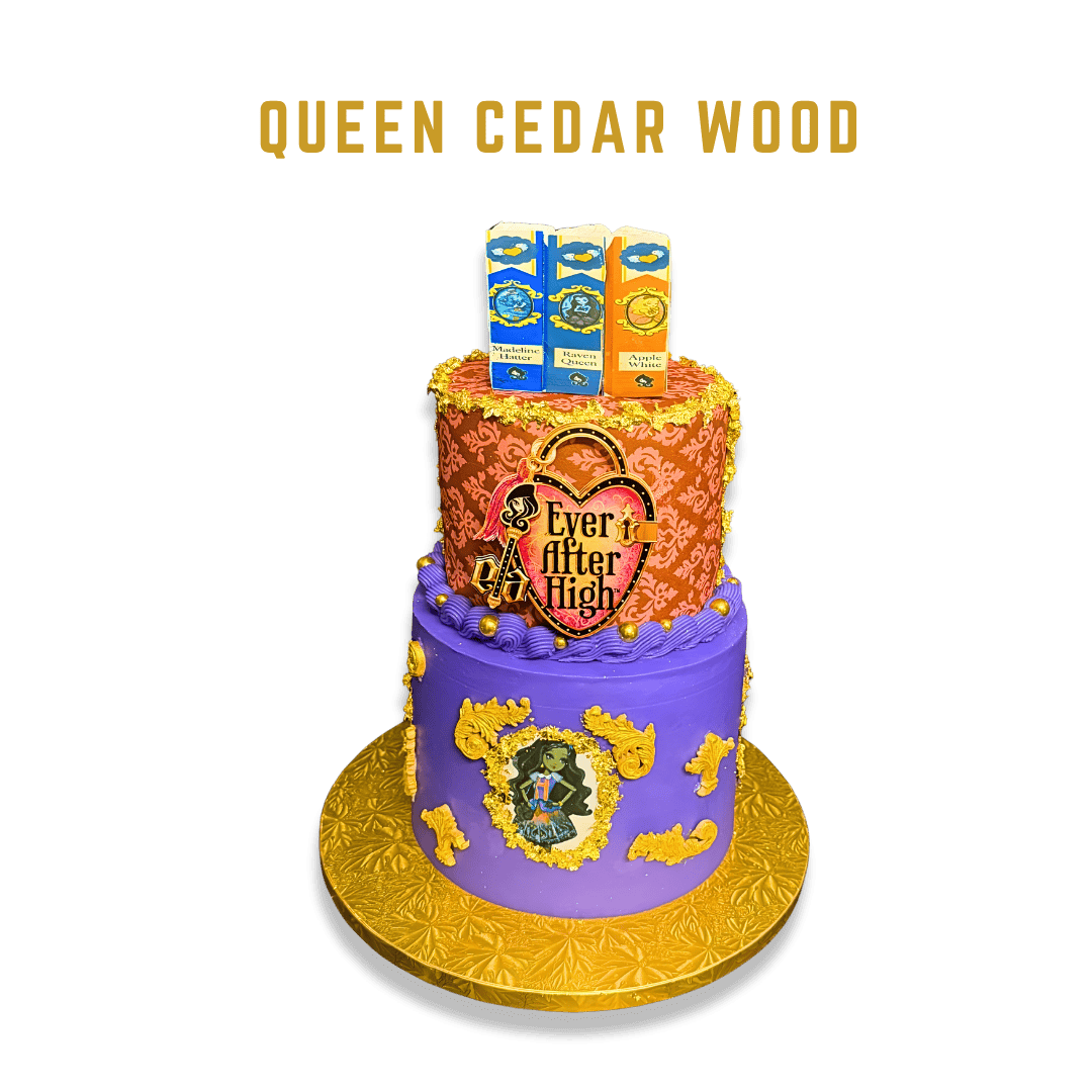 Two-tiered cake with purple and orange icing, gold decorations, and a purple and orange box on top featuring the Harry Potter-inspired 'Ever After High' theme.