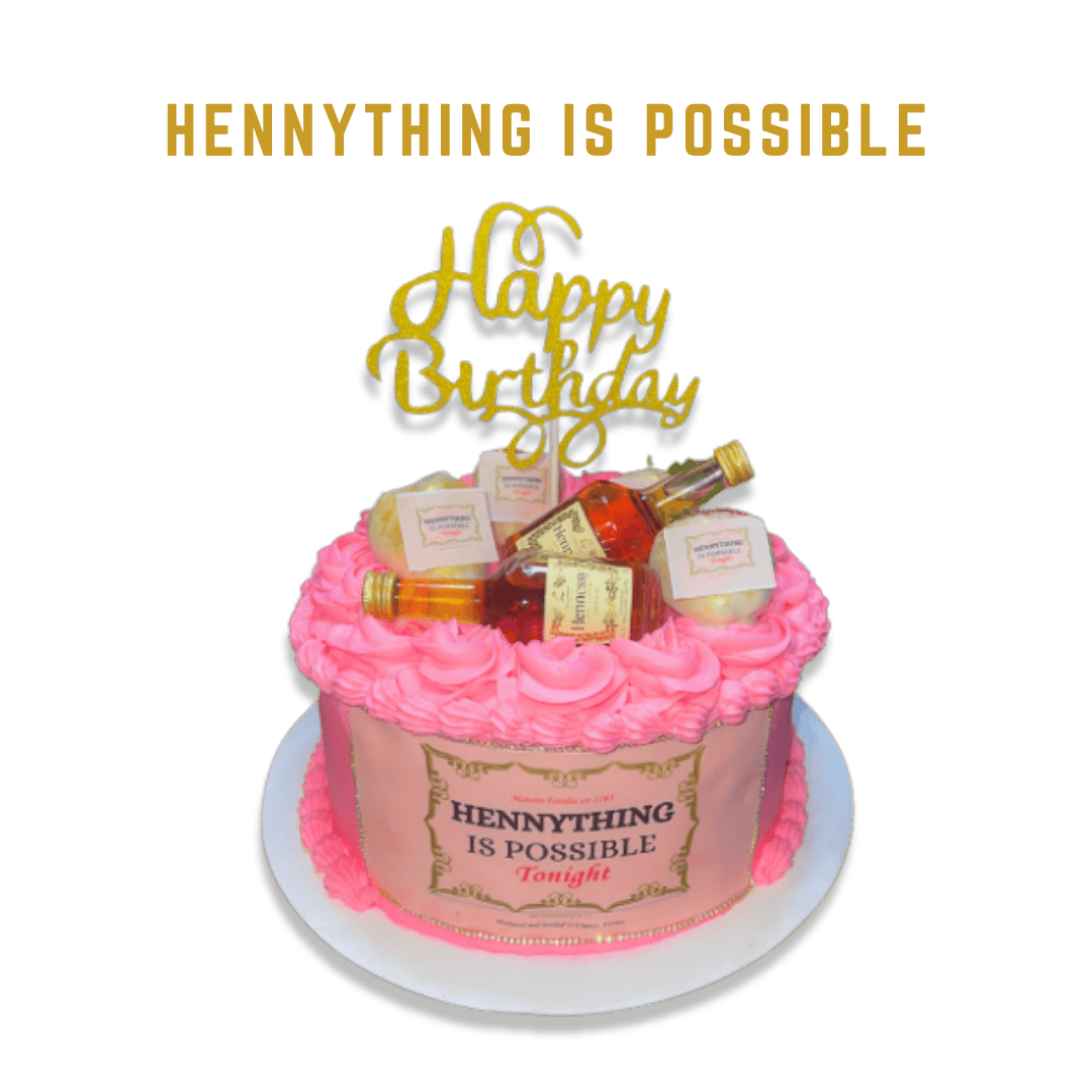 "Hennything Is Possible" showcases a Double Barrel design, featuring a baby pink cake topped with pink foam buttercream and Hennessy Bottles. The cake includes an edible label displaying the words "Hennything is possible tonight."