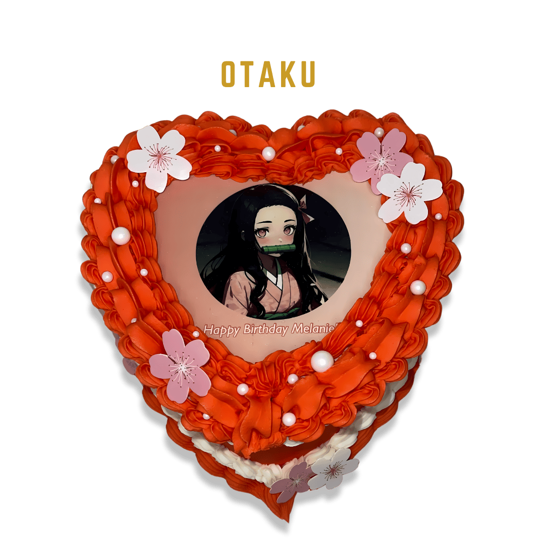 A heart-shaped cake adorned with vibrant red and white floral decorations, featuring an edible anime character image at the center. Perfect for anime enthusiasts and special occasions.