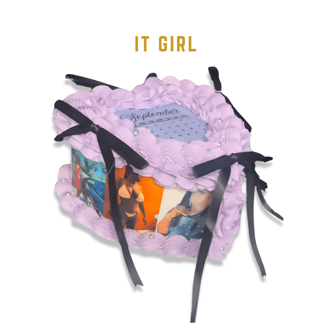 It Girl Cake: A trendy square cake with lilac-colored piping, black ribbons, and fashion-themed edible images, making it a stylish choice for fashion lovers and unique celebrations