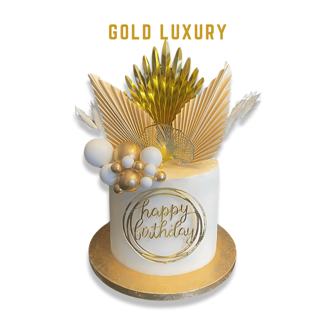 Gold Luxury Cake 
features a sophisticated and elegant Double Barrel design in gold and ivory tones, exuding a classy vibe.