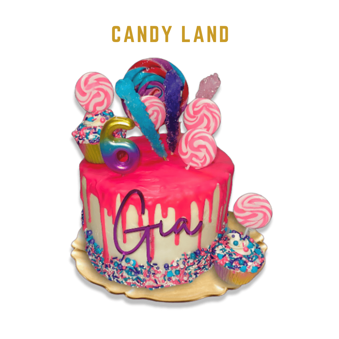 The Candy Land Cake features a Double Barrel design with a pink drip on an ivory white cake. It is adorned with pink, blue, and purple sprinkles at the base, topped with swirl lollipops and a candy cane.