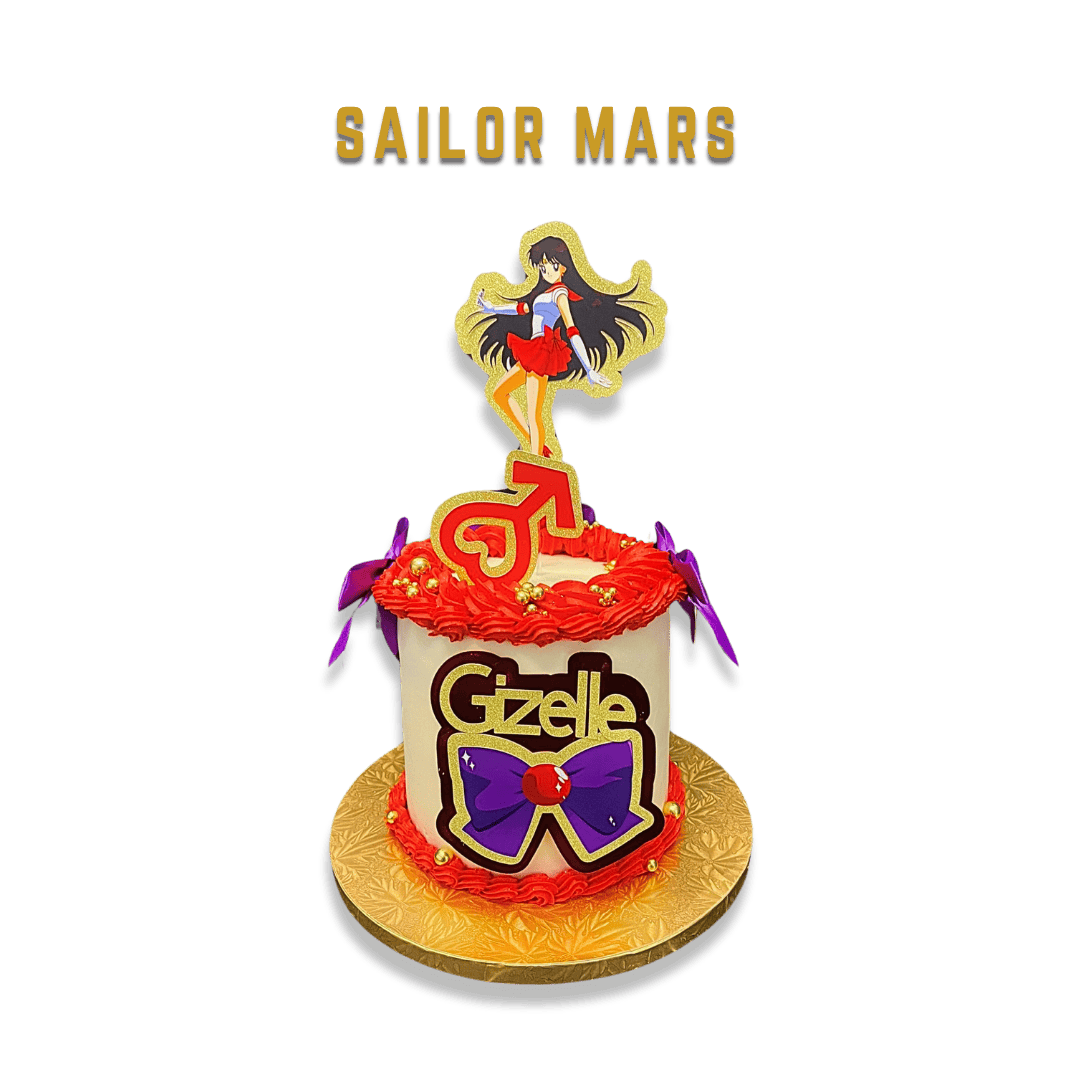 A birthday cake with a Sailor Mars anime character topper, a red and purple theme, and the name Gizelle on the front, decorated with gold beads and purple ribbons.