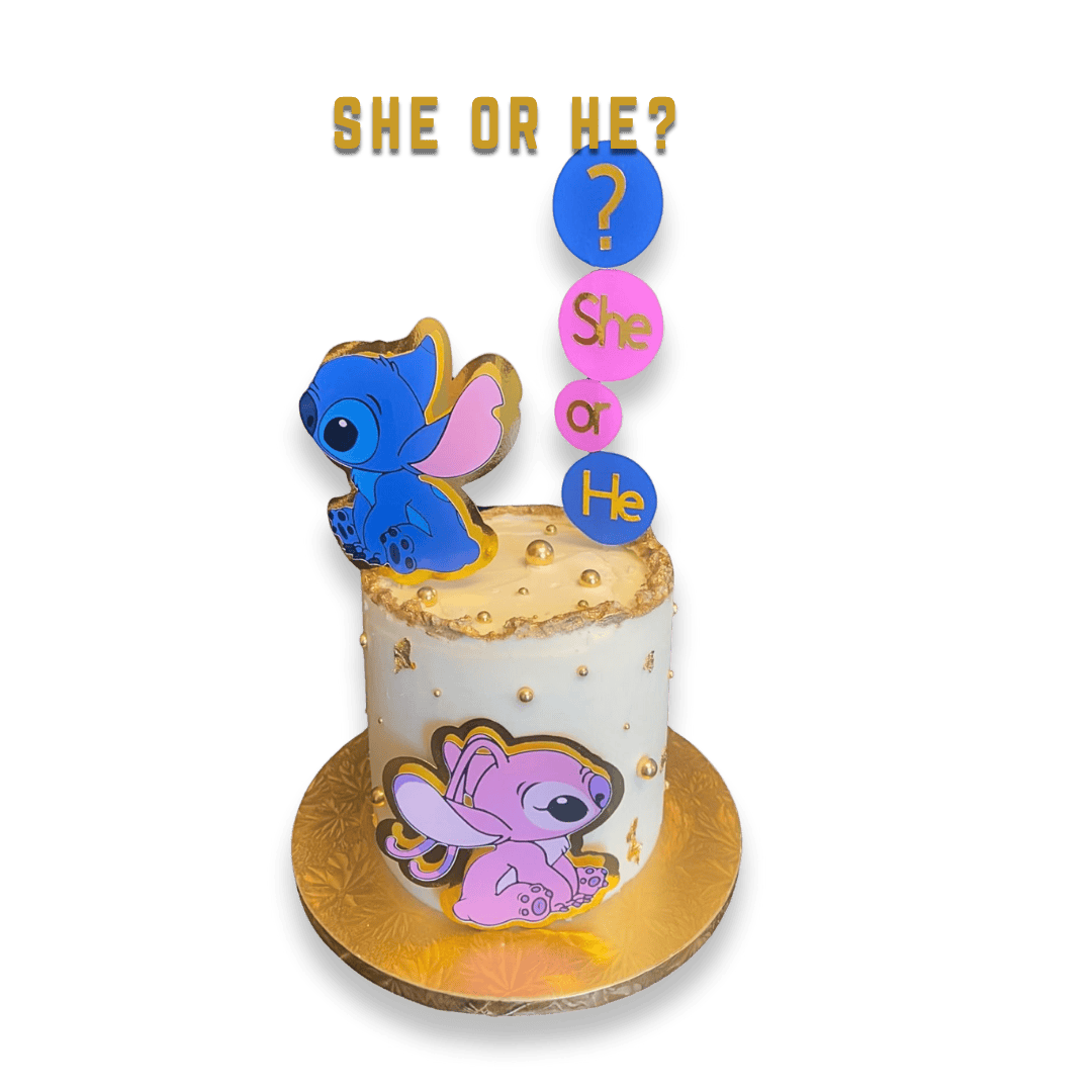 Decorative cake with Stitch and girly toys, featuring the question 'She or He?' for gender reveal.