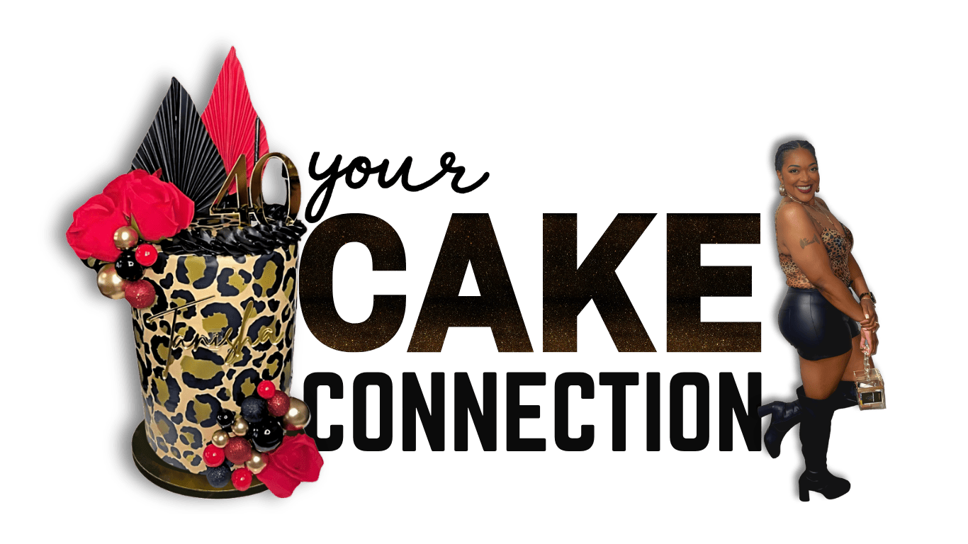 A celebratory cake decorated with a leopard print pattern, red roses, gold and black berries, and gold "40" candles, alongside a woman in black leather shorts and a leopard print top holding a gold purse, celebrating a 40th birthday.
