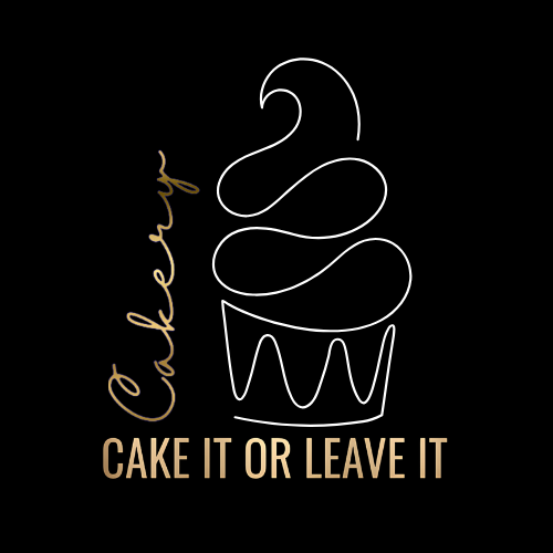A simple line drawing of a cupcake with swirled frosting on a black background, with the text "Cake it or Leave it" and a cursive "Cakes" on the side.