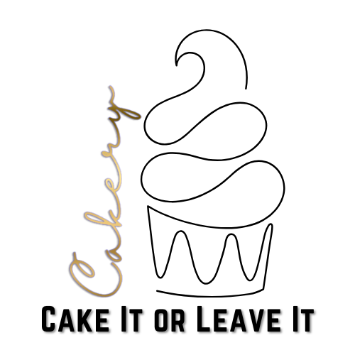 Stylized text with the words 'Cake or Leave It' and a script that says 'Cake or Leave It' on a black background.