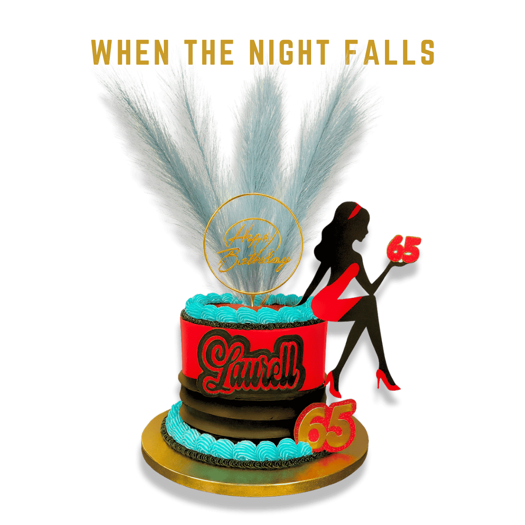 Cake It or Leave It Tampa Designed a birthday cake with black, red, and blue colors, featuring feathers, a silhouette of a woman, and the number 65, with the message 'When the night falls' and 'Happy Birthday'.