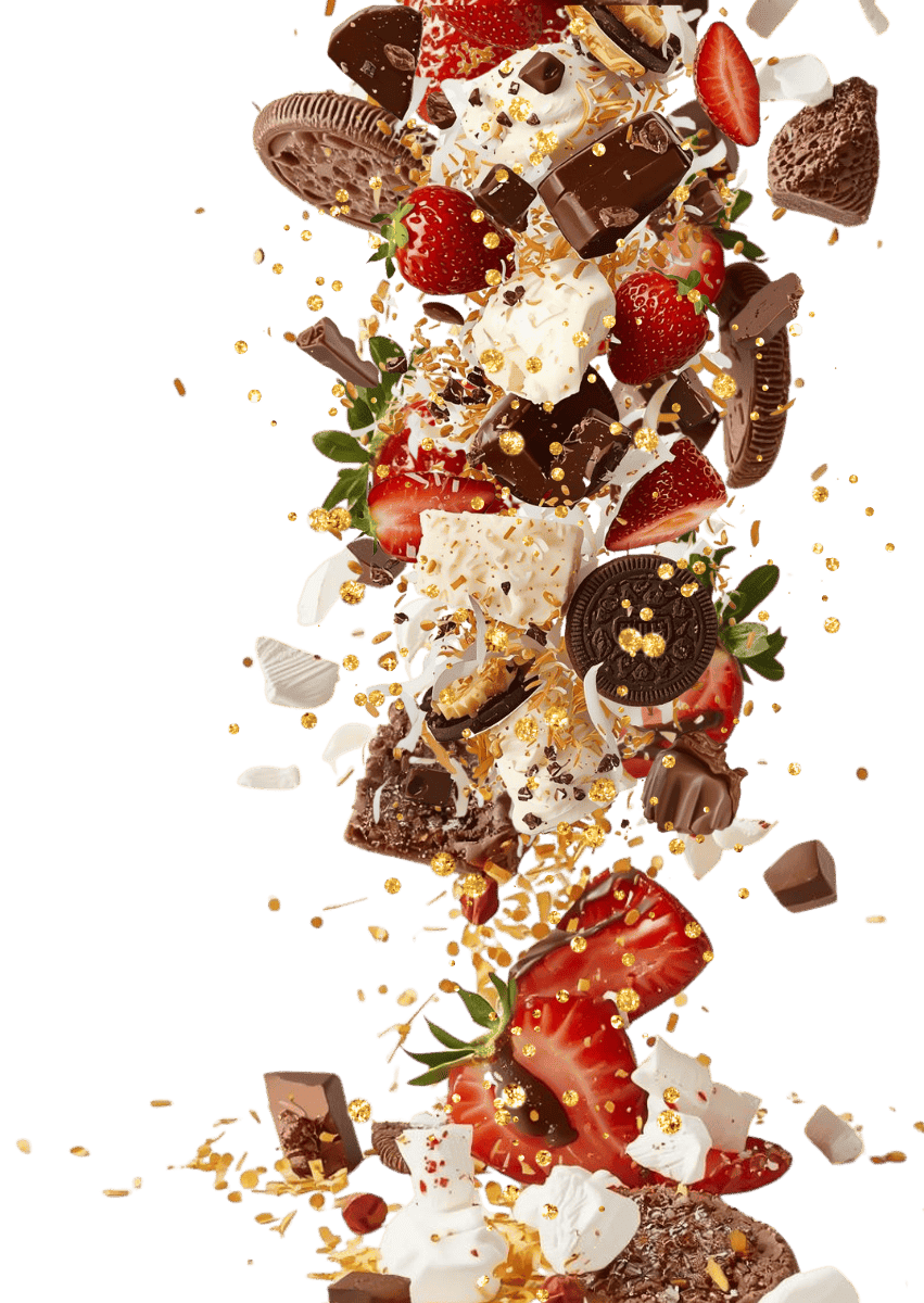 Various chocolate, strawberry, and whipped cream toppings suspended in mid-air, creating a dynamic cascade of desserts.